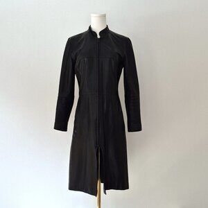 Vintage long black genuine leather coat, European size 38